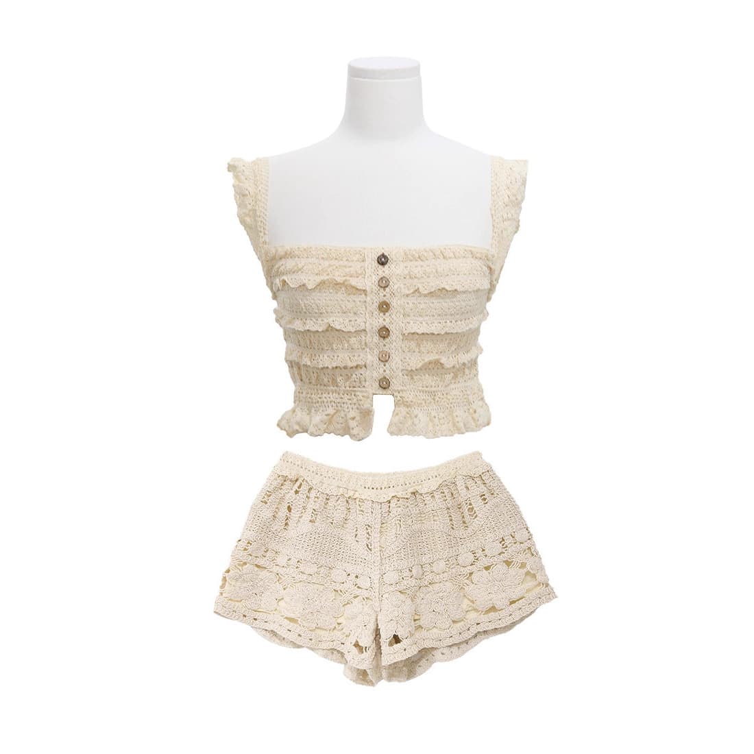 Beach Vacation Set Travel Beach Pants Lace Trim Camisole Crop Top Hollow Knit Shorts Two-Piece Set