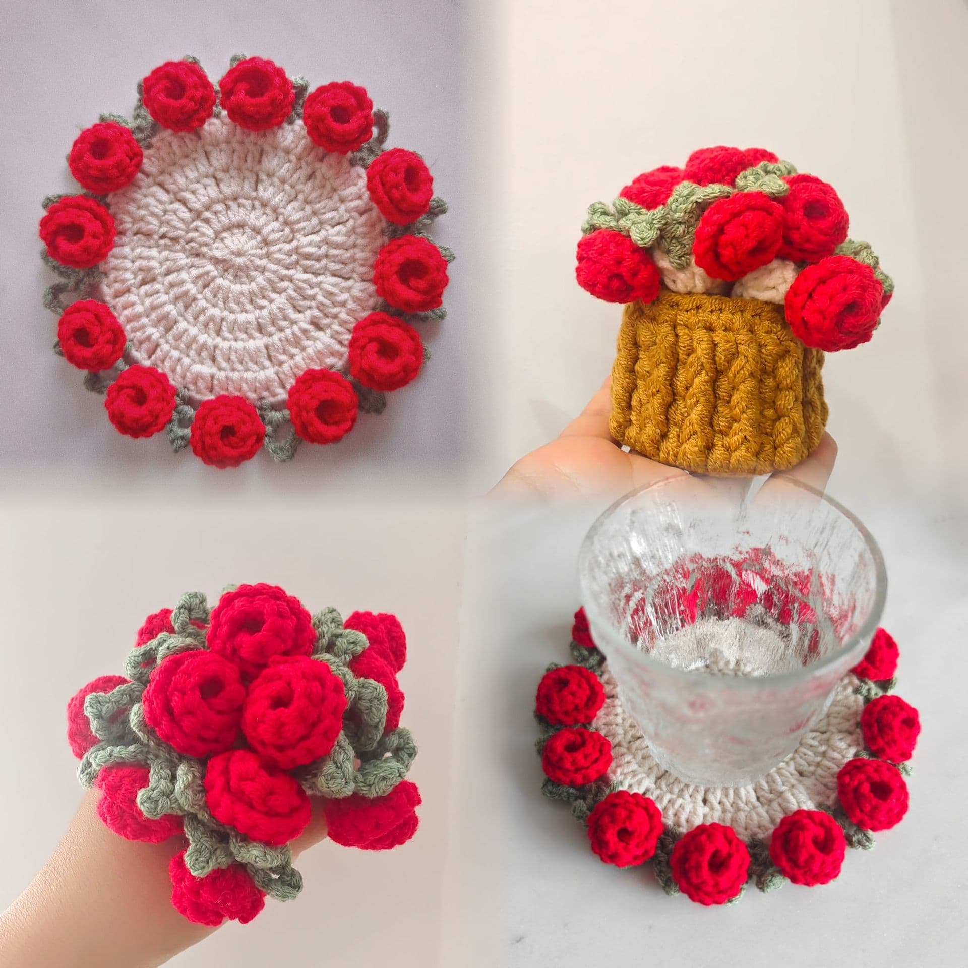 Finished handmade rose bouquet coasters, crocheted cups that transform into hand-held bouquets, creative gifts, woven flower coasters