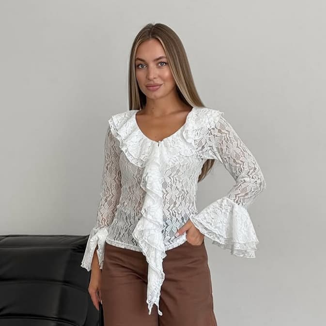French design brocade lace knitted see-through hollow long-sleeved T-shirt for women 2026 spring new high-end top
