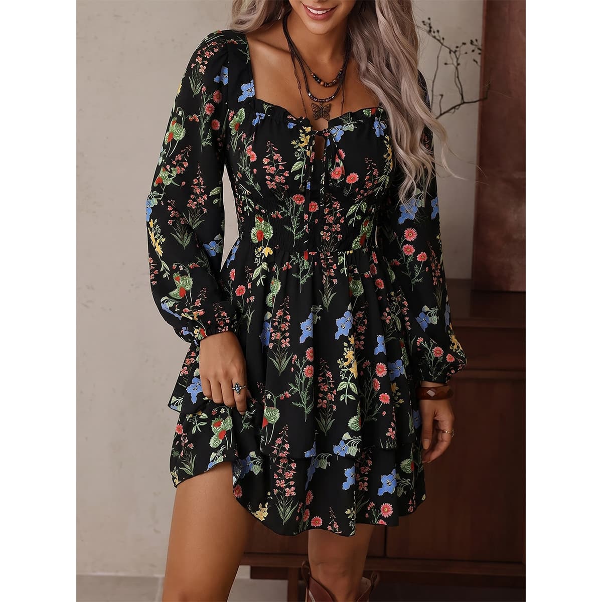 Amazon Retro Black Bottom Floral Square Neck Dress Long Sleeve High Waist Ruffled Slim Little Man Printed Skirt