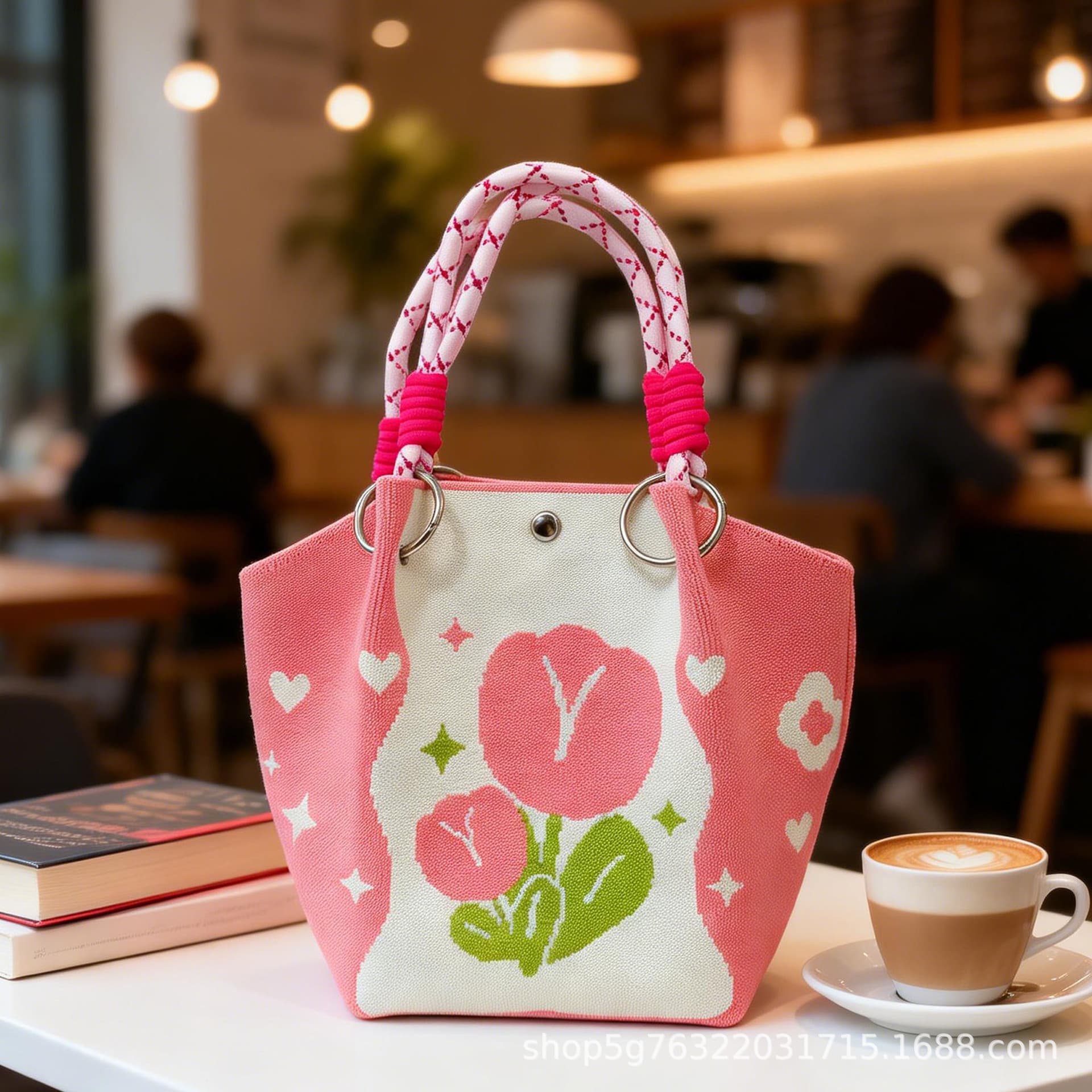 Korean Style Floral Knitted Bag Drop Shipping Makeup Bag Fashion Portable Versatile Knitted Ring Buckle Bag Handbag Commuter Small Square Bag