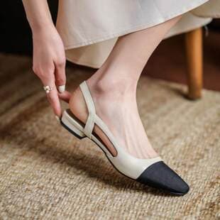 2026 Summer New Versatile French Square Toe Closed-Toe Sandals for Women, Color-Block Flat Shoes, Side and Back Open Square Toe Shoes