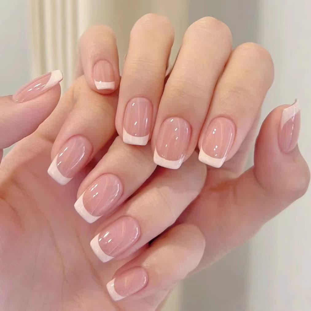 Haili White Simple French Pink Satin Pearl Premium Whitening Press-On Nails with Glue, Short Oval Removable