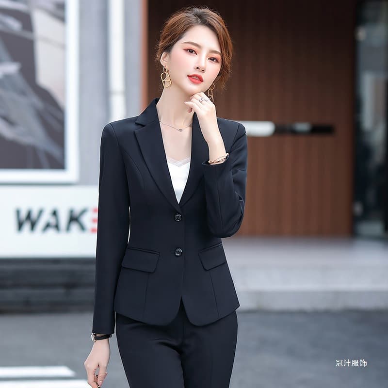 Black Slim Fit Professional Women's Suit Jacket and Pants Set for College Interviews and Work
