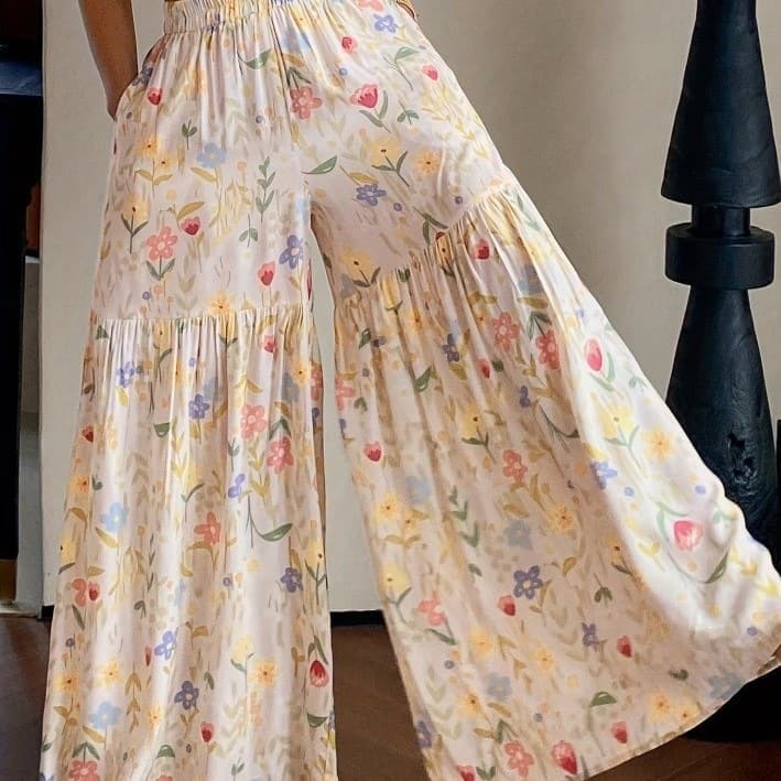 2026 Retro Floral Wide-Leg Pants for Women, High-Waisted Loose Casual Pants, Drapey Loose Vacation Style Long Pants, Home Pants