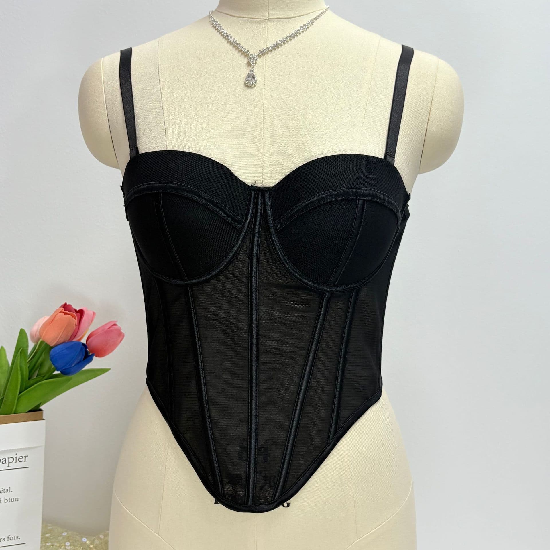 Cross-border breathable mesh fishbone slim sexy corset outerwear, women's bustier with padding back-beautifying design.