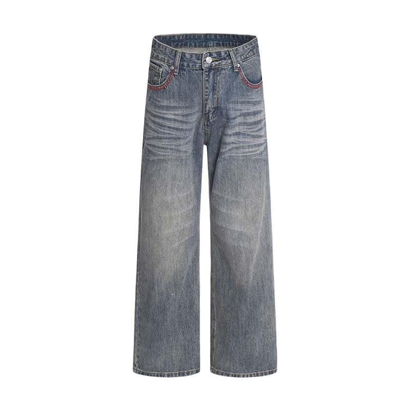American style rewashed water distressed hand-stitched red thread micro-flare jeans men's fashion brand loose casual versatile long pants