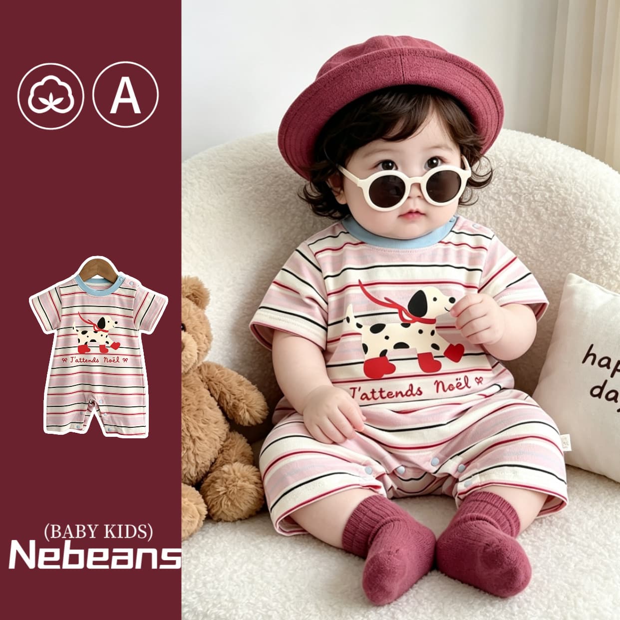 Summer new short-sleeve jumpsuit for girls, trendy pink striped spotted puppy fashion Hat-shirt crawler A cotton soft