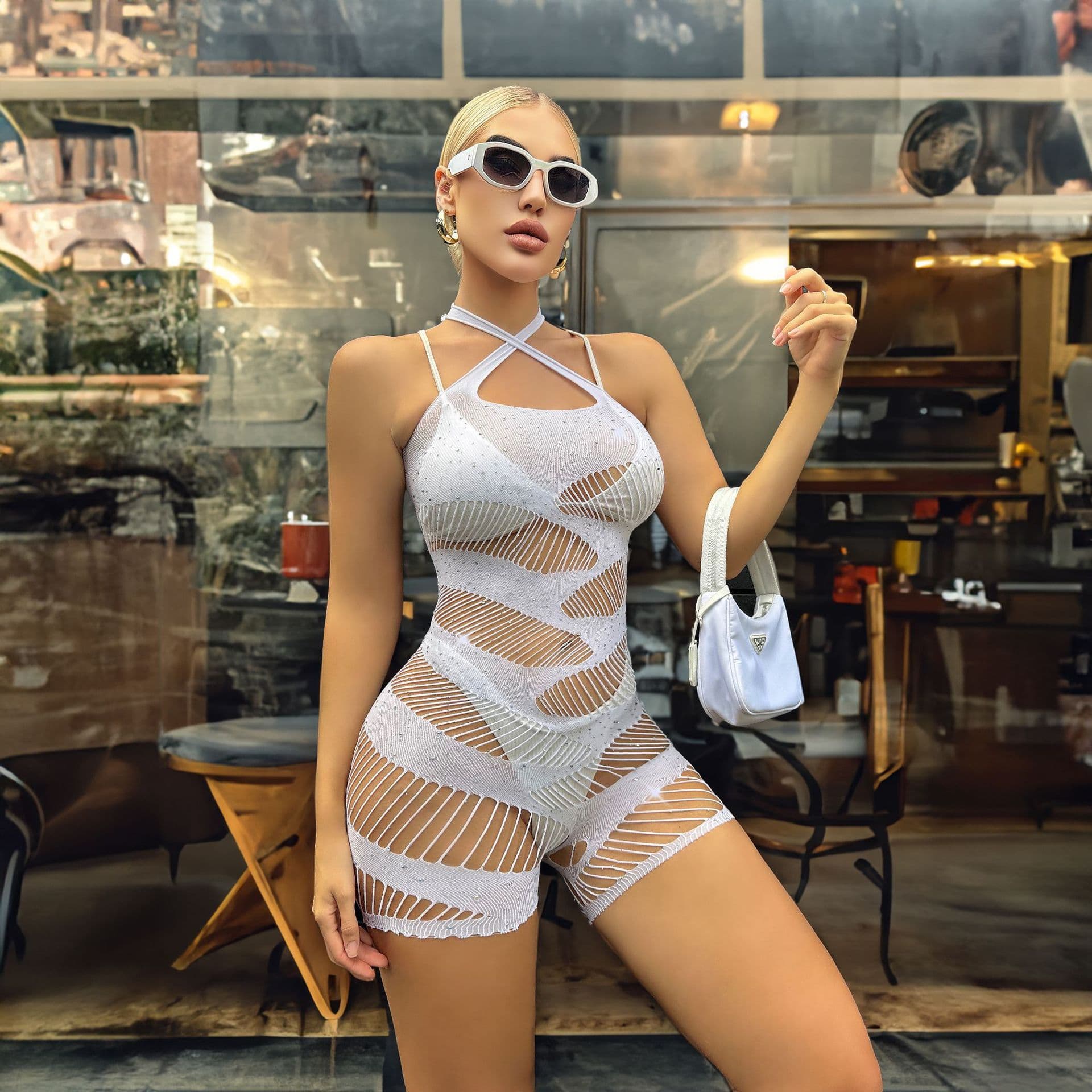 New pure desire European and American sexy hollow hot diamond cross striped hollow sexy underwear for women without taking off tight net clothing