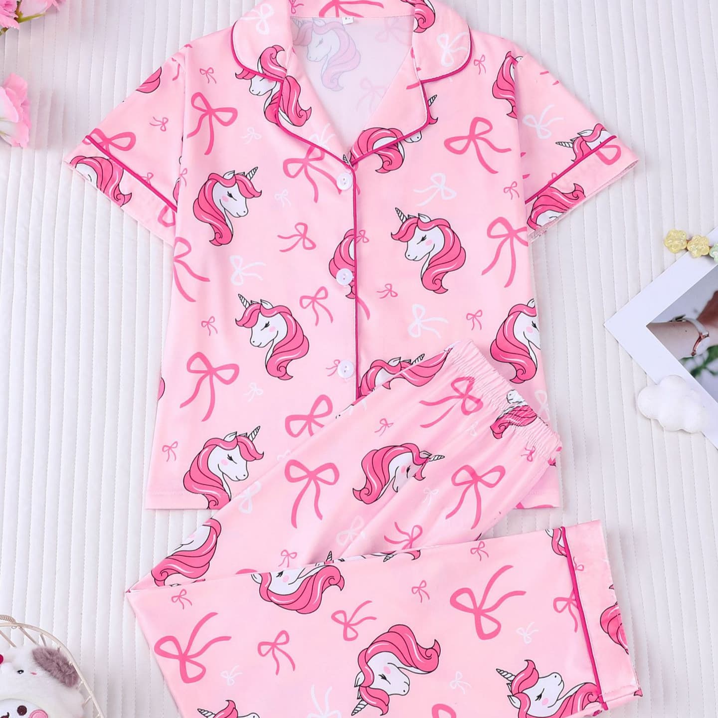 Cross-border Export Pink Kids Pajama Set European and American Style Lapel Cartoon Print Flame-retardant Fabric Homewear Wholesale