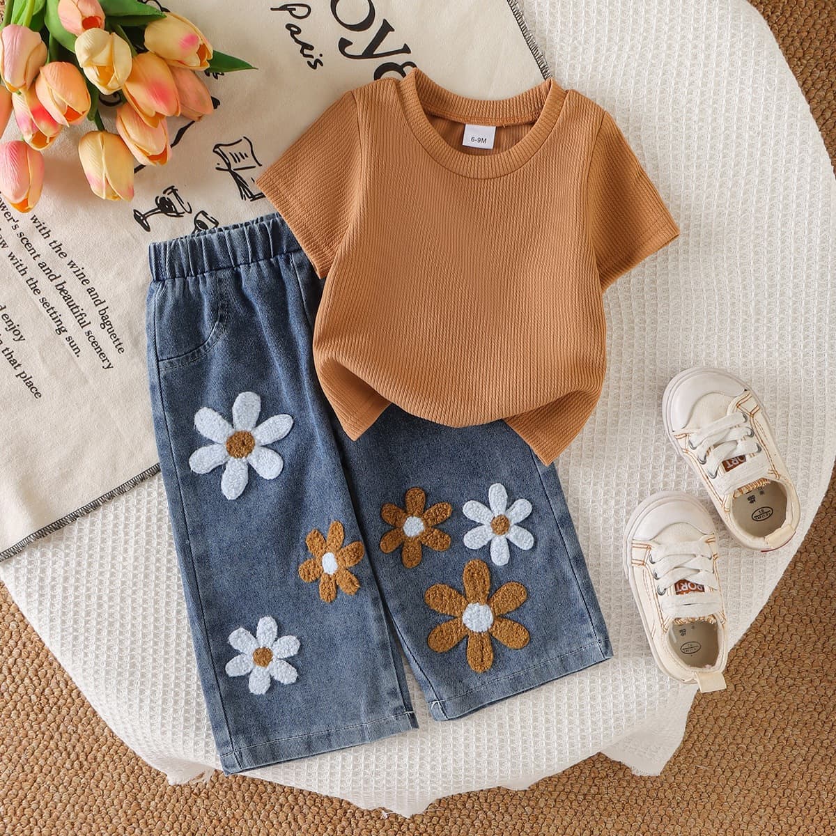Yunbo Amazon cross-border summer spot baby girl brown pit short-sleeved top + printed flower jeans