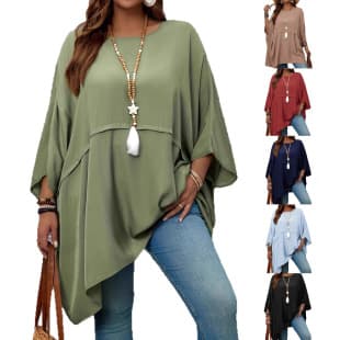 Plus Size Women's Spring Summer Autumn Casual Vacation Solid Color Loose Round Neck Batwing Sleeve Top Comfortable Blouse