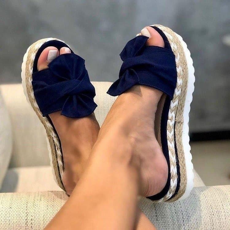 Cross-border Women's Shoes Navy Blue Butterfly Knot Woven Thick Sole Sandals Summer Plus Size Vacation Style Outdoor Slippers Wholesale
