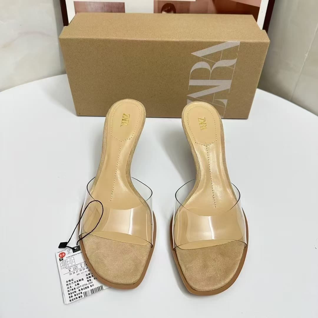 ZA2025 Summer Sandals and Slippers Women's Outer Wear Thin Heel Rear Empty High Heel Transparent Slides Crystal Heel Sandals and Slippers Women