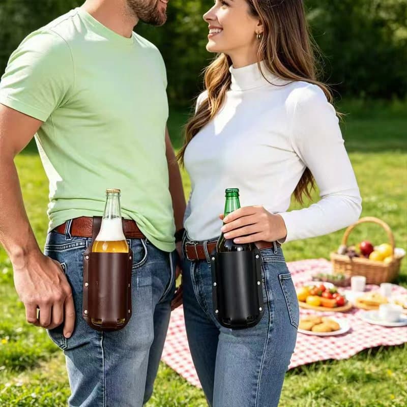 Cross-border beer sleeve outdoor mountaineering leather beer card sleeve waist-mounted can beer storage leather sleeve wine bottle protection