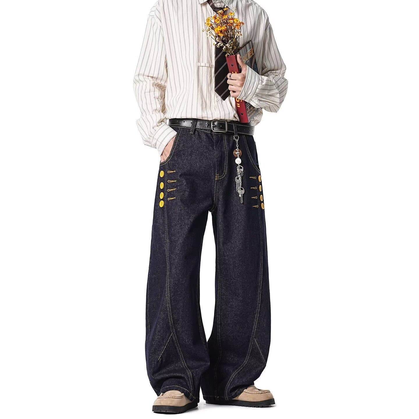 American retro high street deconstructed buttoned raw cow scimitar jeans for men and women loose dad pants wide-leg floor-length trousers