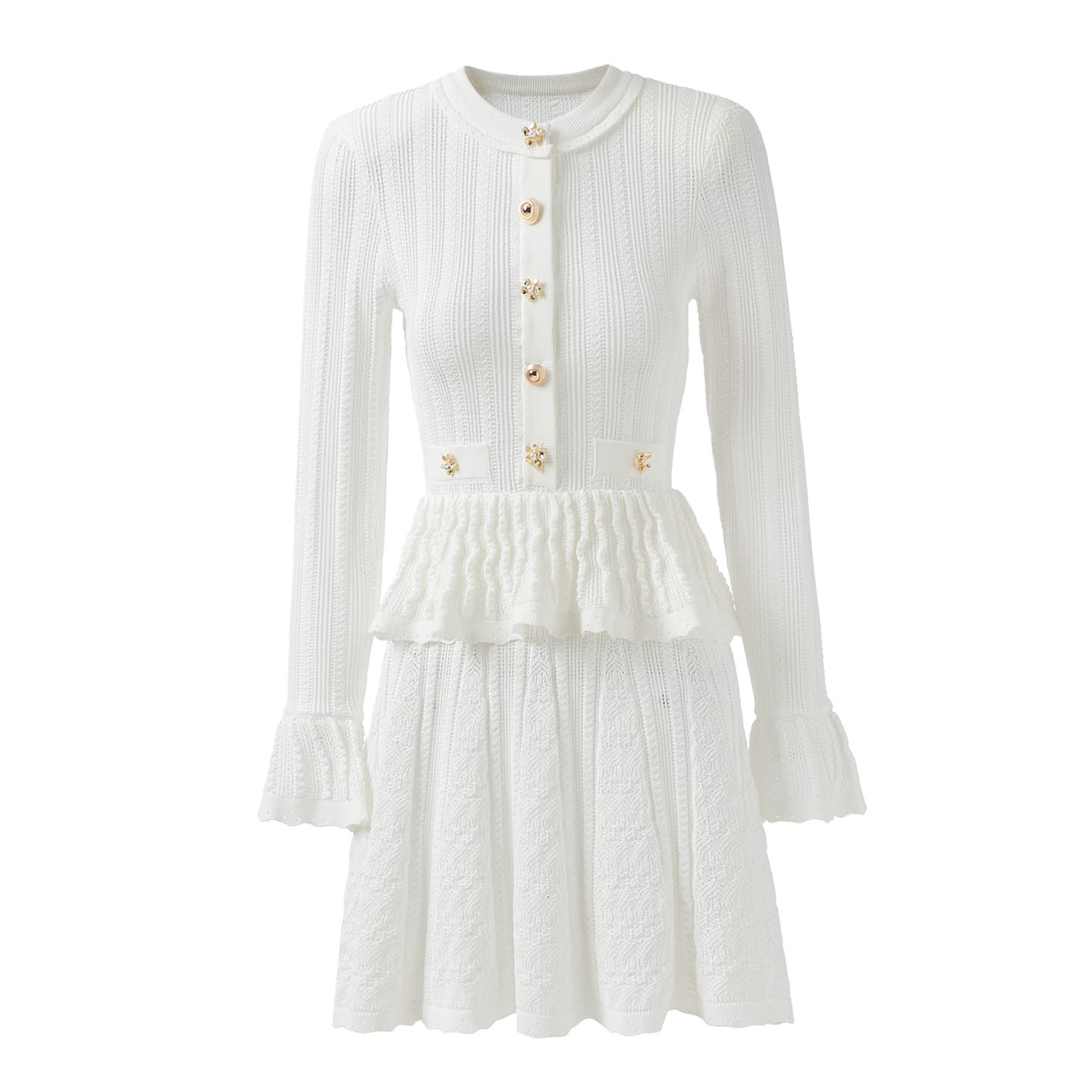 SP 2026 Autumn Chanel-style Ruffle Metal Button Flared Sleeve Slim Cutout A-line Knit Dress for Women