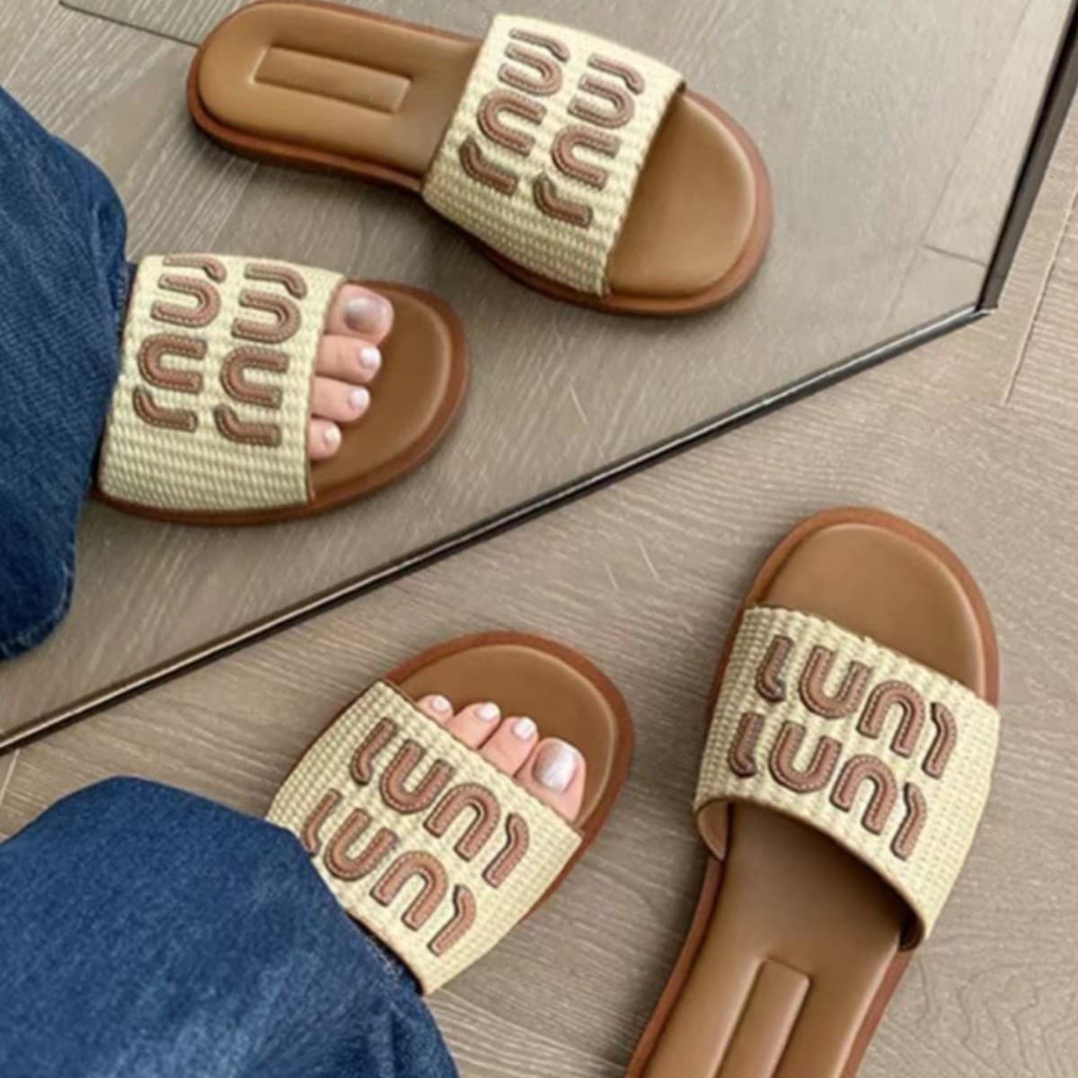 M Brand Woven Linen Flat Slide Sandals for Women 2025 Summer Vacation Beach Flat Sandals Outdoor Slippers