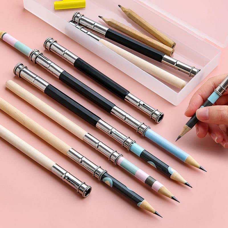 Pencil Extender Double-Ended Pencil Holder Metal Pencil Grip Clip Wooden Pencil Lengthener Pen Accessory