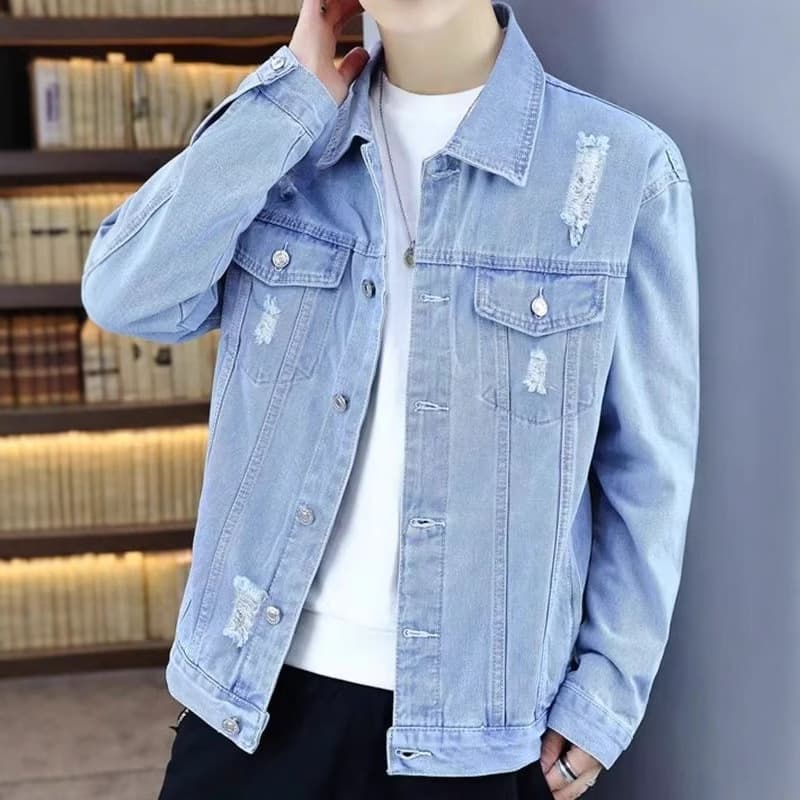 Wholesale Spring/Autumn Denim Jacket Men New Style Casual Denim Jacket Ripped Korean Trendy Loose Fit Jacket