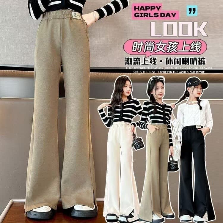 Black bell bottoms for girls autumn and winter 2025 new children's pants for girls, medium and large children's velvet thickened slit trousers