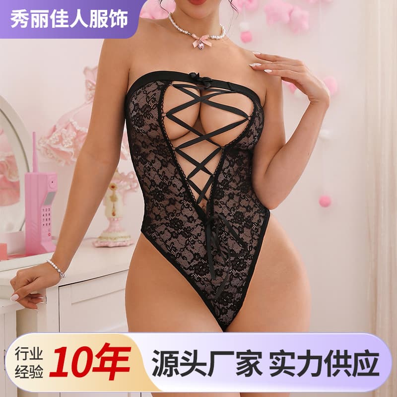 Cross-border Supply Role-Play Lingerie Pink Game Uniform Lace Sexy Revealing Strapless Bodysuit