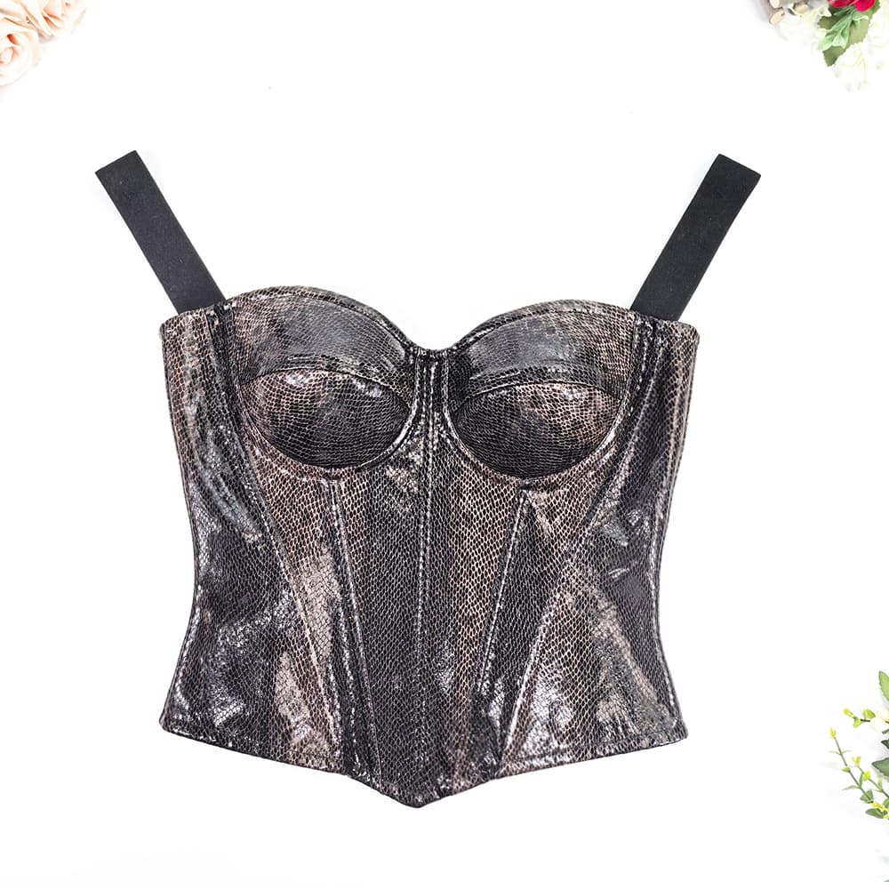 Cross-border e-commerce factory source goods available for dropshipping. Snake-print PU leather strapless top, waist-cinching, tight-fitting fishbone corset.