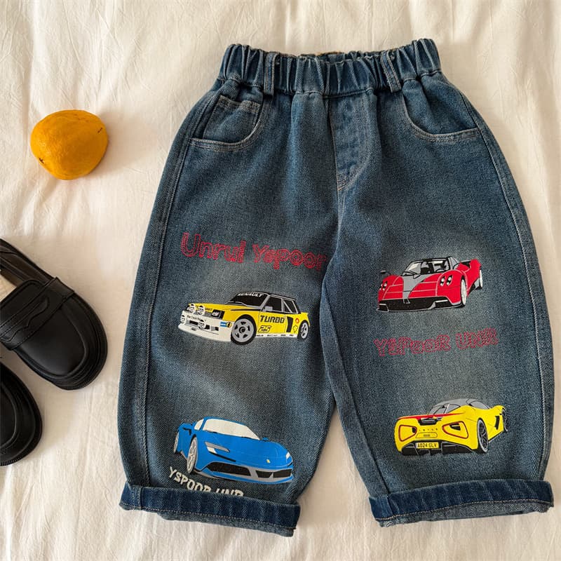 Kids' Pants 2026 Fall New Arrival Cotton Boys & Girls Car Print Jeans Baby Loose Straight-Leg Pants