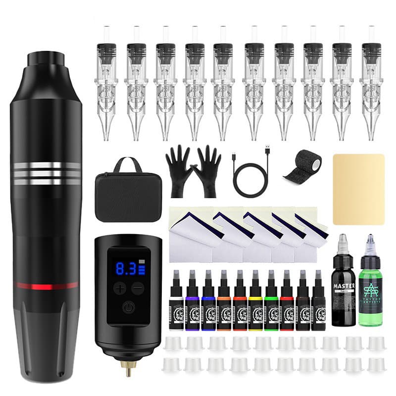 New Cross-border Wireless Tattoo Kit with 10 Integrated Tattoo Needles, Tattoo Pen, Complete Practice Tattoo Set