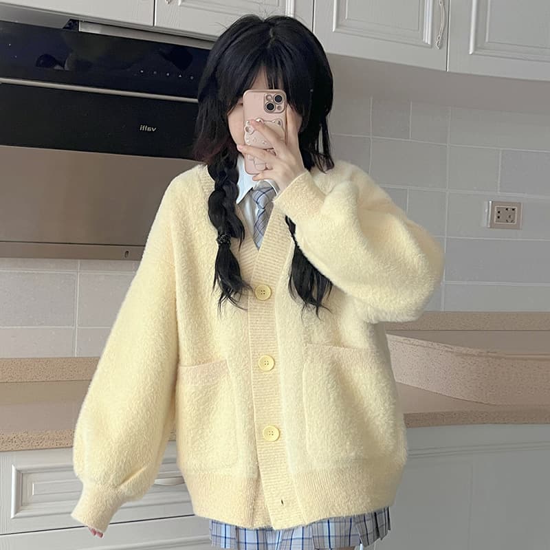 Korean-style Autumn/Winter Loose Knit Cardigan for Women, Versatile Casual Relaxed Faux Fur Sweater Coat Top