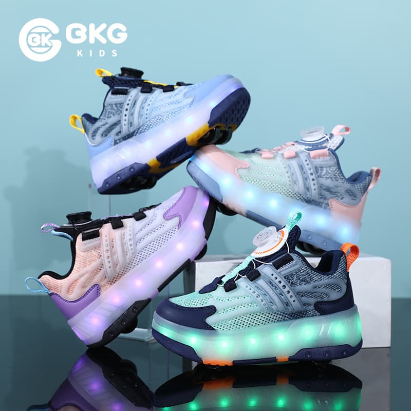 BKG Children's Single-Net Stride Shoes, Light-Up Four-Wheel Sneakers for Girls and Boys, Roller Skate Shoes for School Students