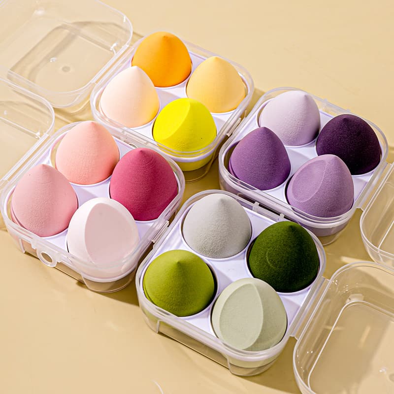 In Stock: 4 Boxed Water Drop-Shaped Olive-Shaped Makeup Sponges, Ultra-Soft, Dual-Use for Dry and Wet Application, Non-Powder-Absorbing Makeup Sponge Wholesale