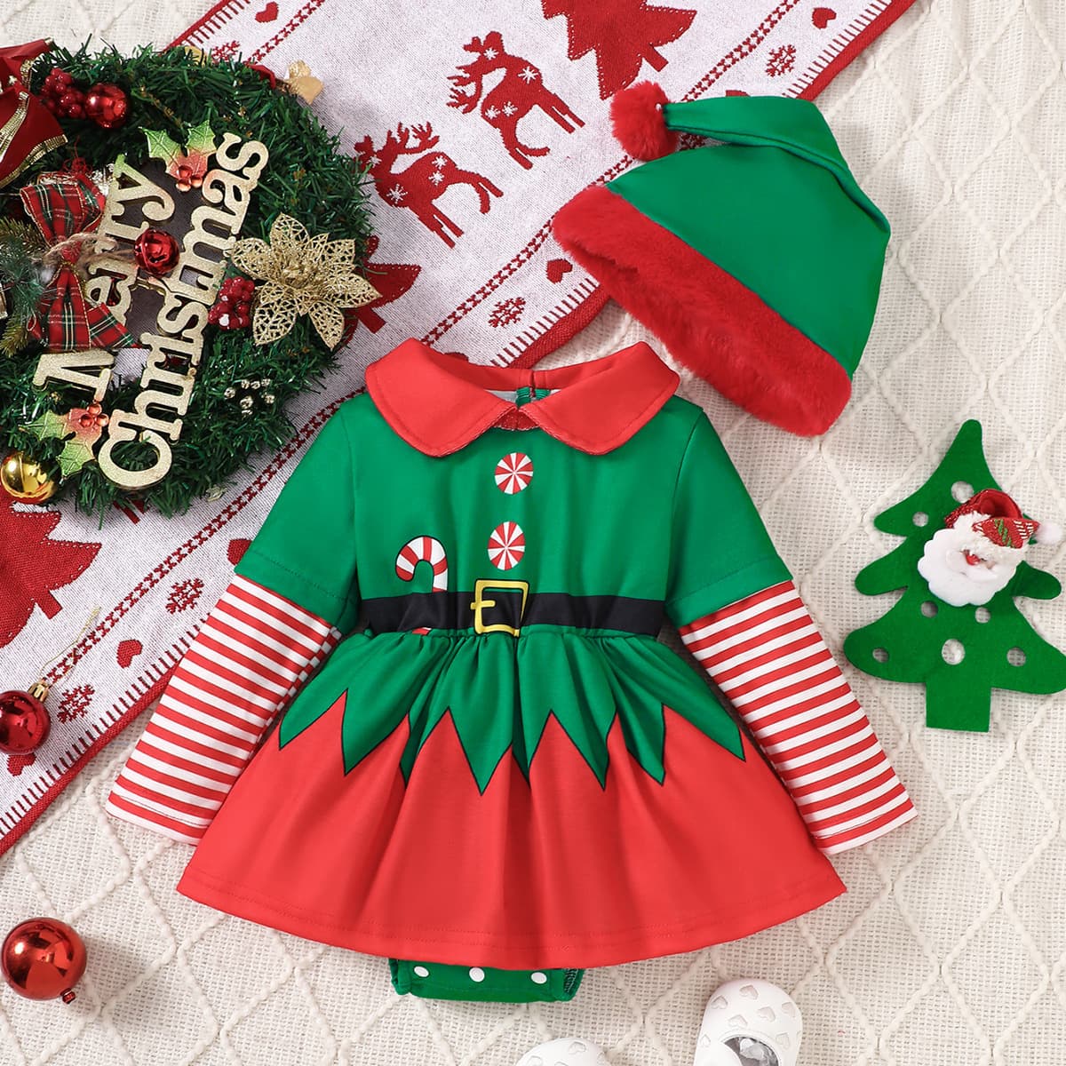 Christmas Theme Long Sleeve Baby Girl Romper Triangle Design Crib Clothes Cotton Blend Fabric Holiday Outfit Infant Dress