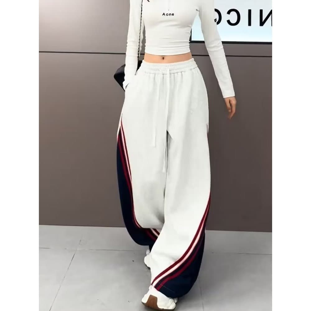 Retro Contrast Stripe Sports Sweatpants for Men Summer American Hip-Hop Wide-Leg Pants Loose White Curved-Cut Trousers