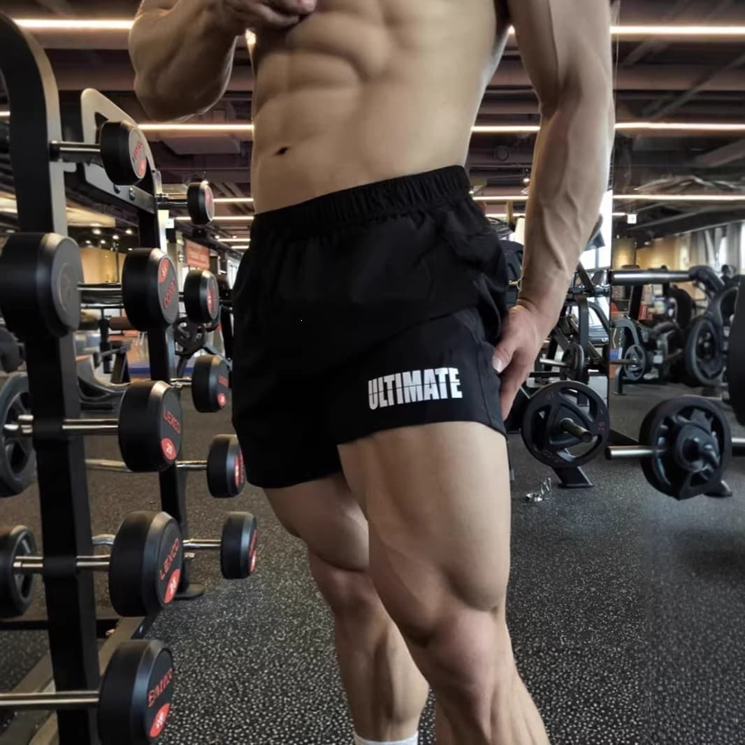 Fitness sports pants men's shorts three-quarter length pants quick-drying elastic muscle type trendy brand training iron training running squats