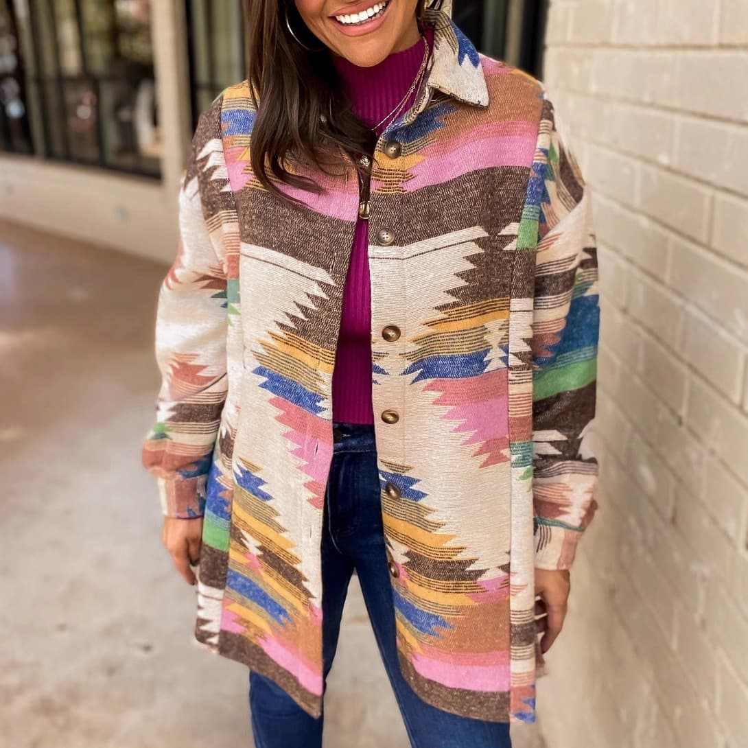 Shiying Winter New Geometric Print Single-Breasted Jacket Women's European and American Personality Trendy Warm Long-Sleeve Coat