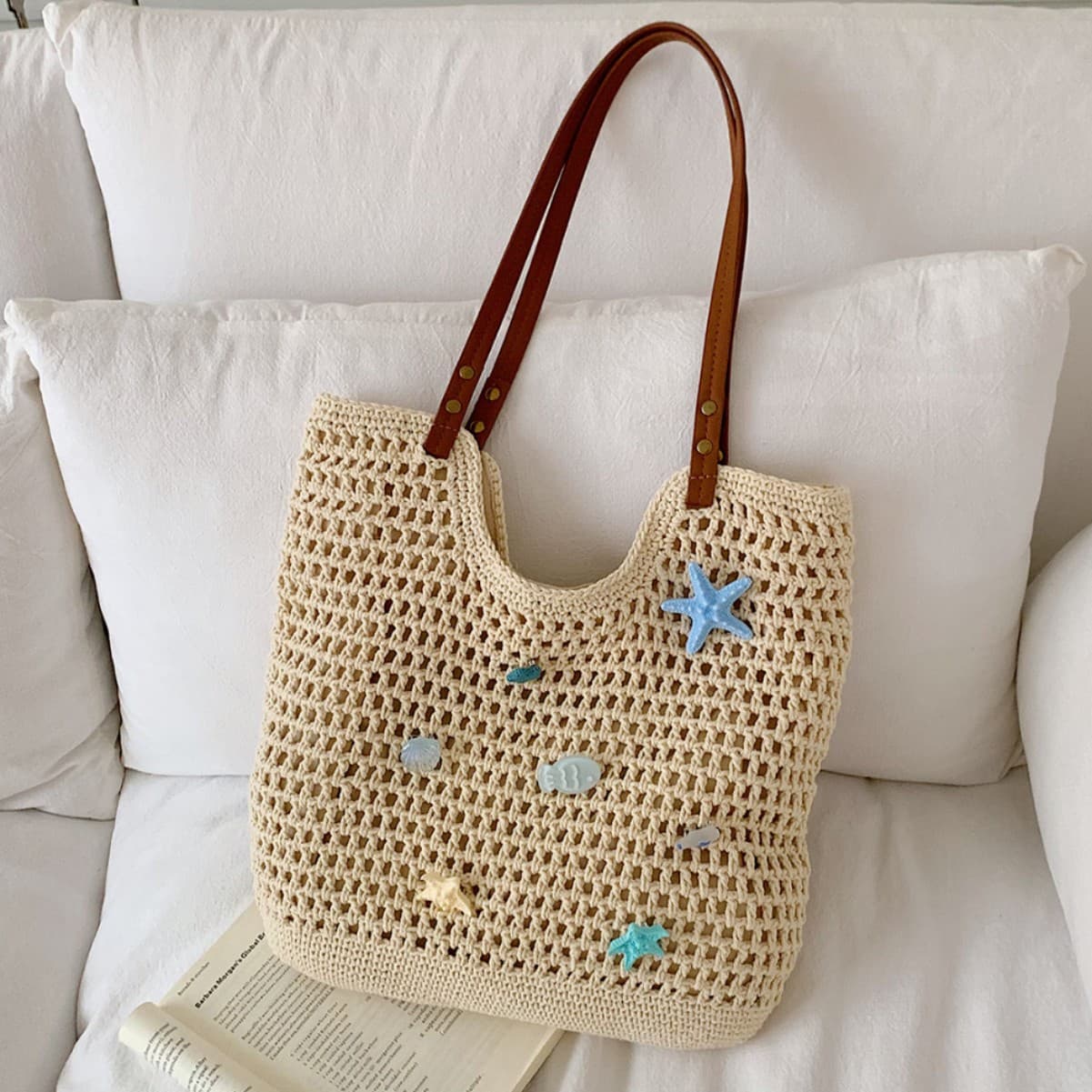Bohemian Relaxed Vacation Woven Bag Women Starfish Shell Shoulder Bag Beach Travel Straw Bag