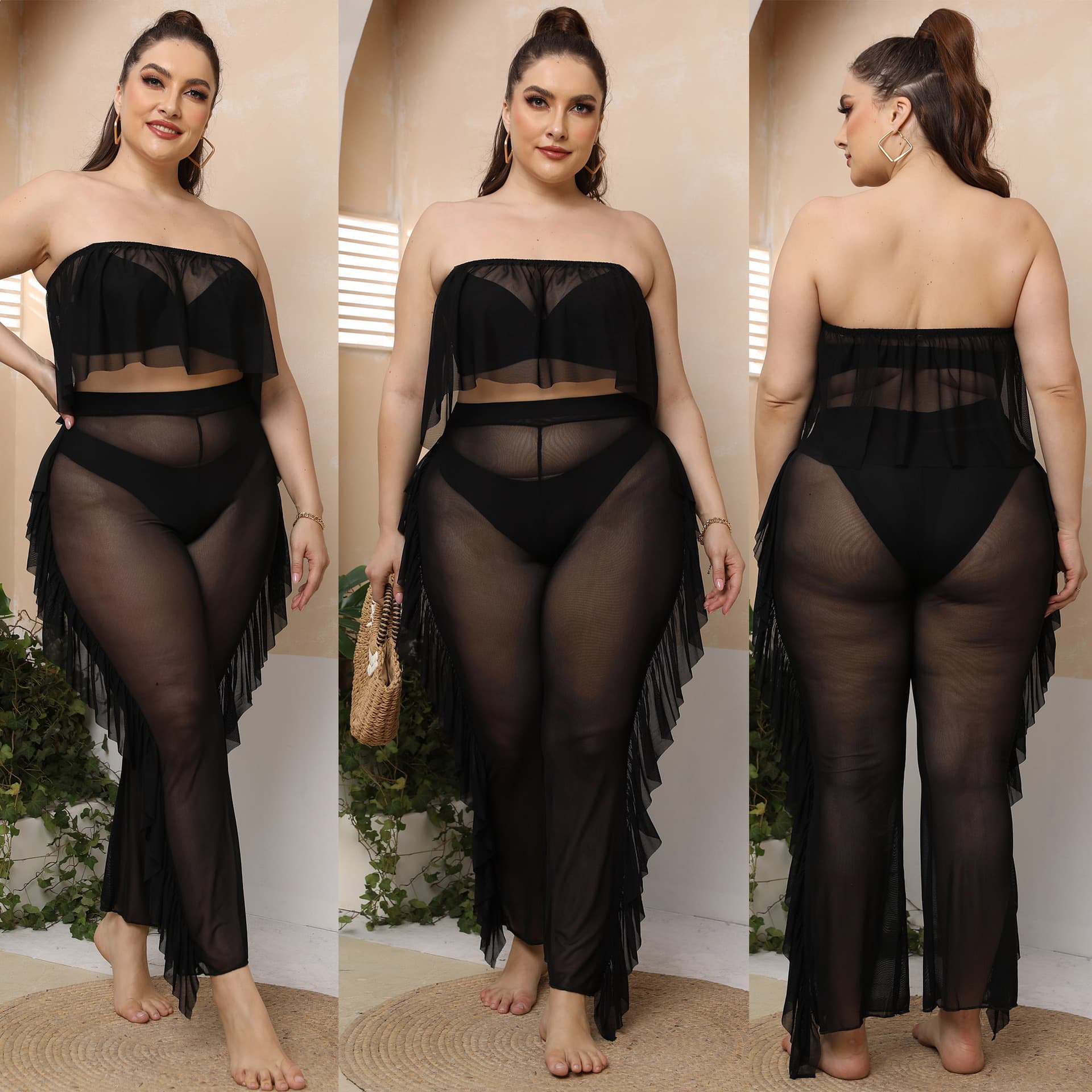 Beach Vacation Set Sexy Sheer Mesh Cross-Border European and American Plus Size Women's Ruffle Hem Pants Two-Piece Set