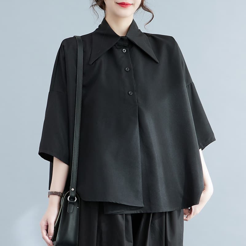2025 new summer loose shirt women's mid-length asymmetrical shirt black top