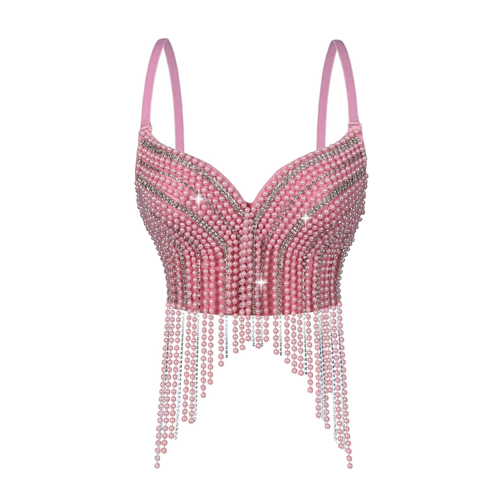 New Cross-Border Pearl Diamond Chain Fringe Camisole Top European and American Summer Sexy Pure Desire Outer Wear Stage Corset Top