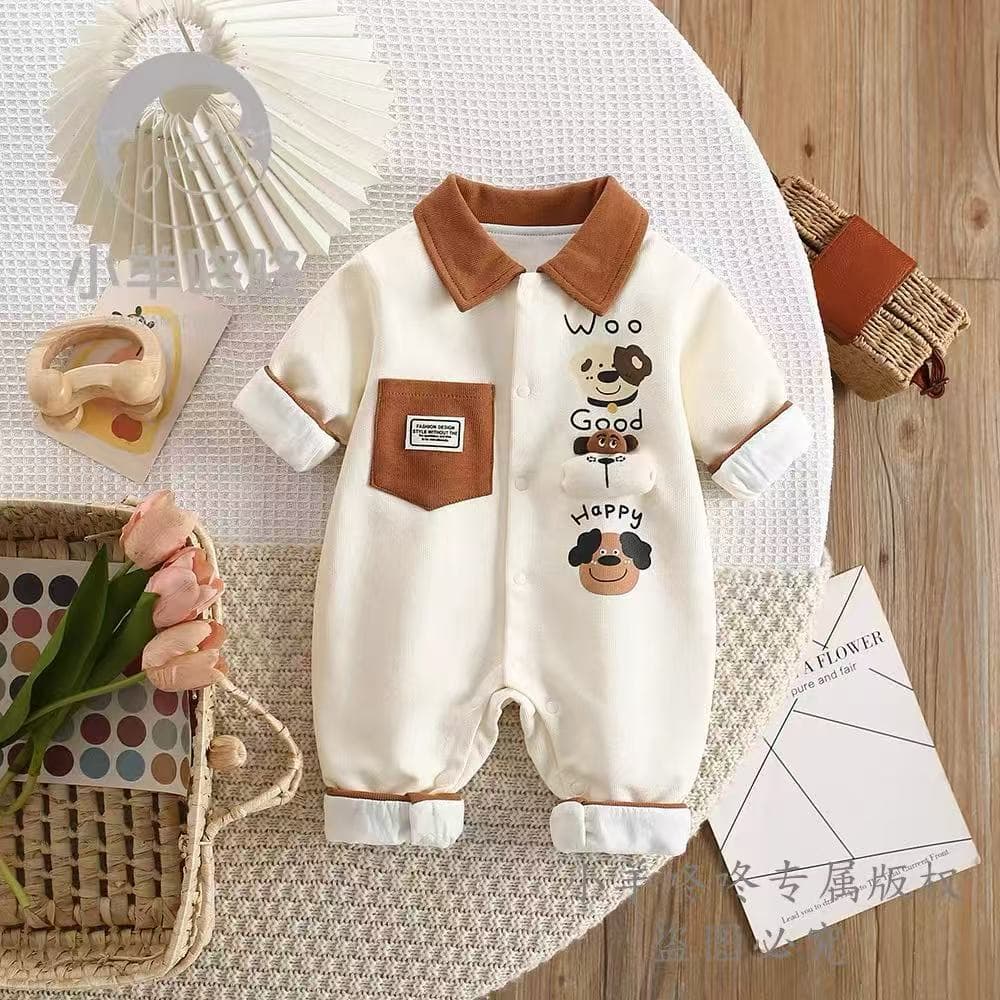 Infant and toddler spring jumpsuits for men and women, playful dog single pocket lapels, newborn double-layer outdoor crawling clothes