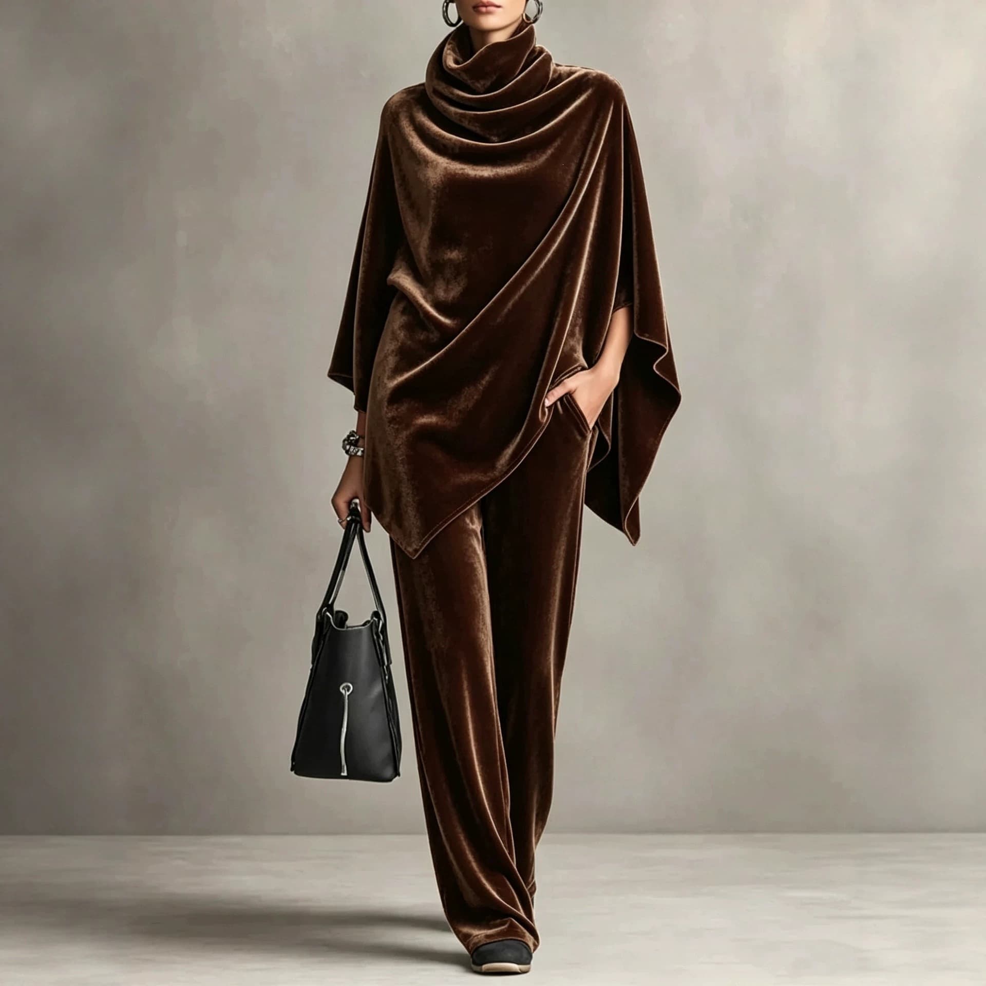 European & American Cross-border Independent Site Women's Fall/Winter Korean Velvet Cowl-neck Cape Poncho Top and Wide-leg Pants Two-piece Set