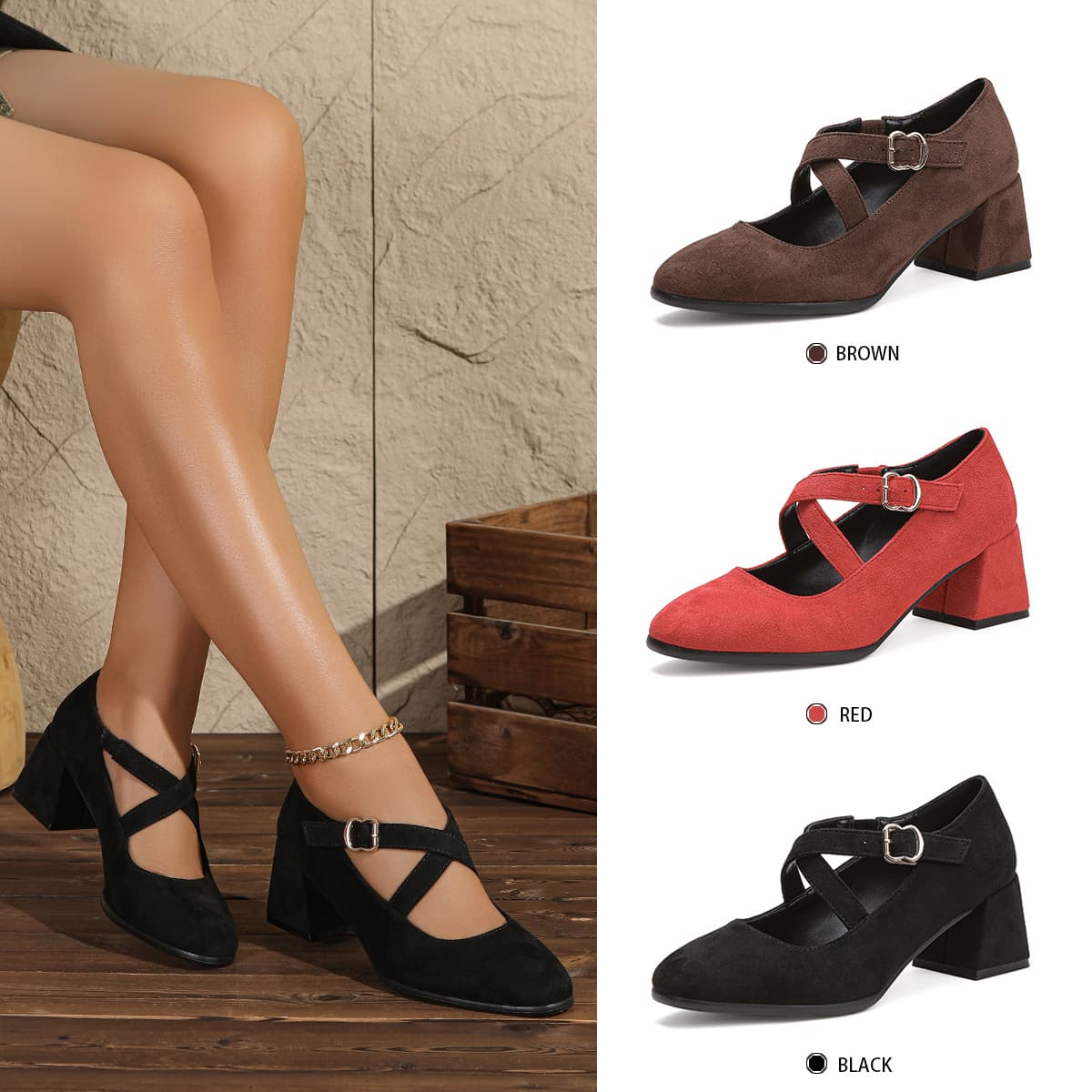 Women's High Heel Pumps Korean Fashion Elegant Women's Shoes Cross Strap Chunky Mid Heel Commute Versatile Minimalist High Heels
