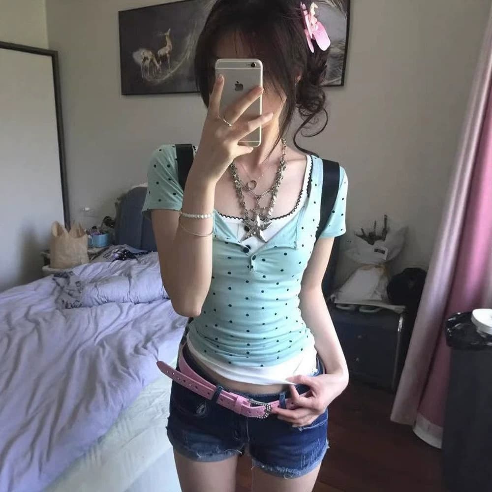 Pure and Spicy Polka Dot Half-Open Collar Short-Sleeve T-Shirt for Women Summer Layering Slim Fit Unique Sweet and Spicy Camisole Top
