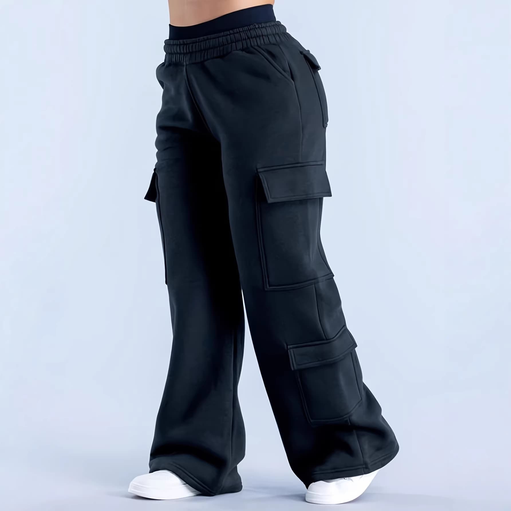 Y2K women's casual fashion street style solid color multi-pocket elastic waist workwear wide-leg pants straight-leg trousers for women