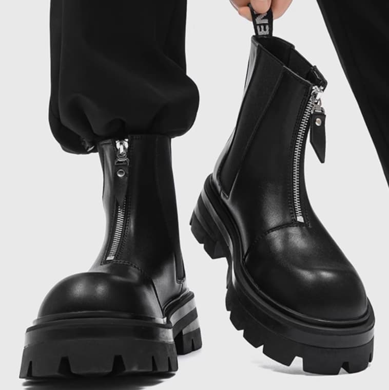 Chelsea boots, men's black leather high-top boots, cowhide leather, cool and stylish, niche, high-end, height-increasing, fashionable Martin boots.