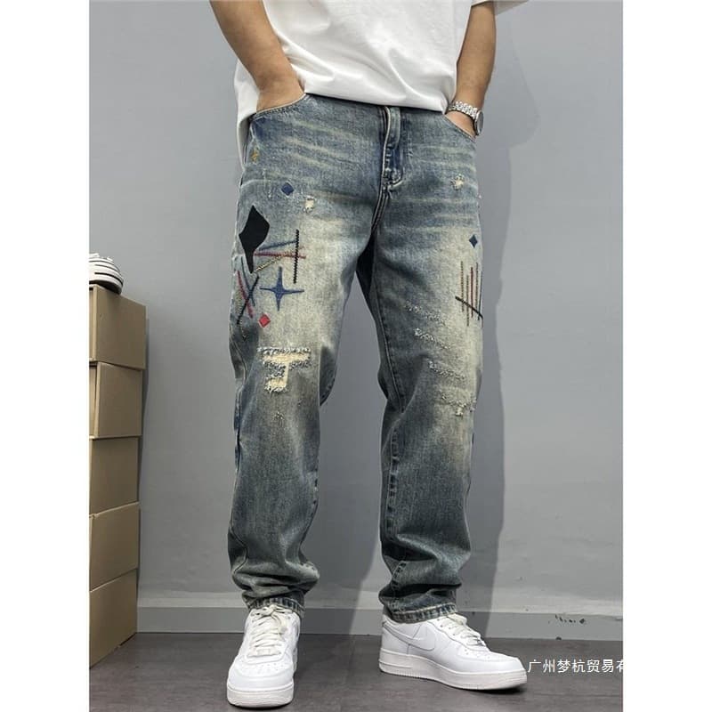 Long Pants High-Street Pants Trendy Slim Straight-Leg Embroidered Jeans Tapered Men's Distressed Old Straight-Leg American Washed Patch