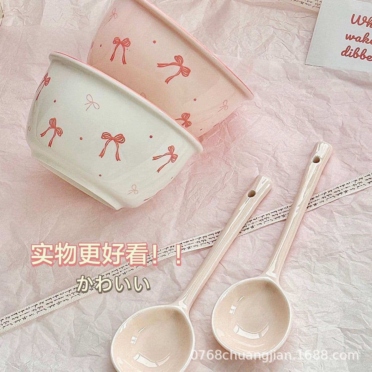 Girl's Heart Bow Ceramic Dinnerware Set Cute Tableware High Gloss Under-glaze Dessert Bowls Plates