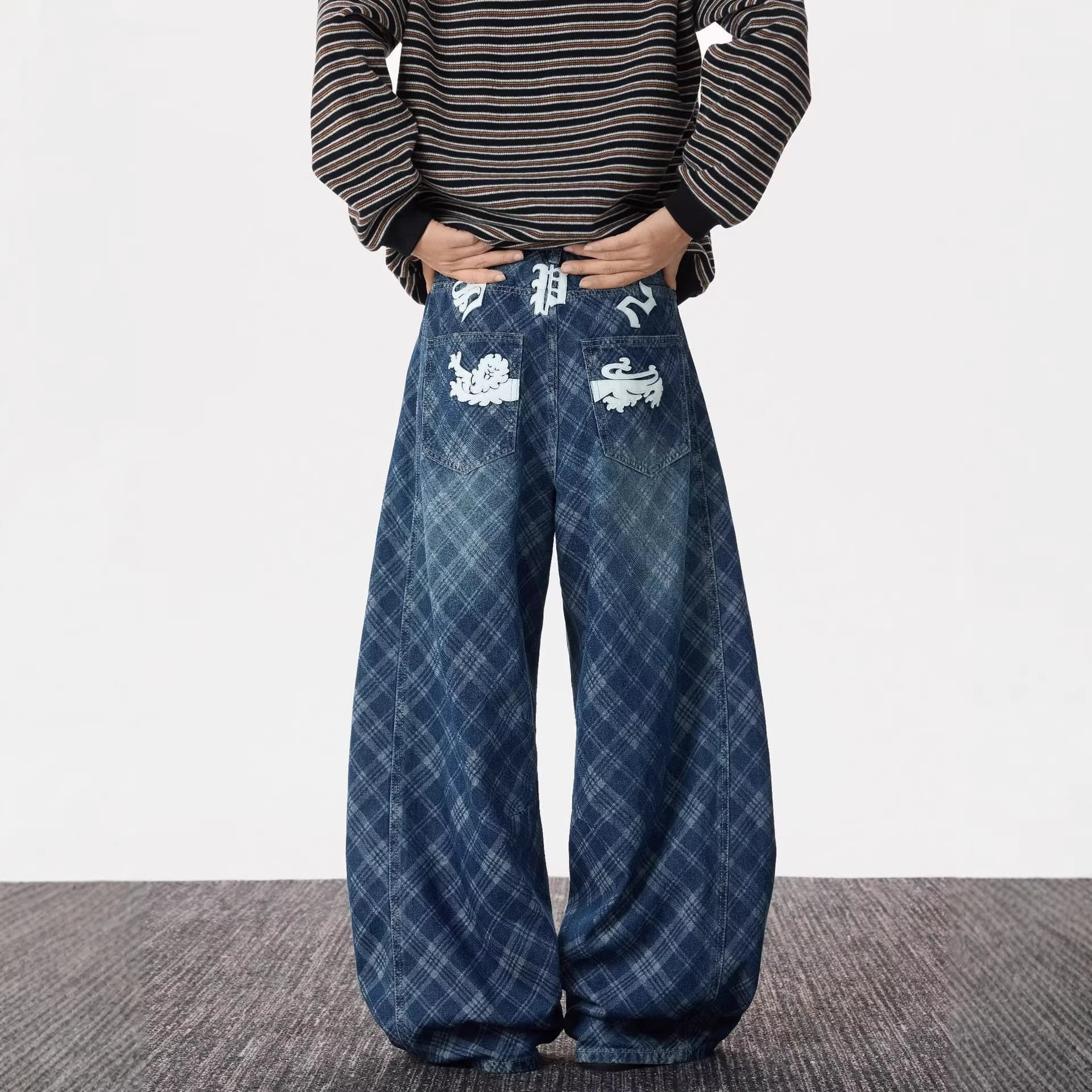American Retro Dark Blue Plaid Curved Blade Jeans Unisex Streetwear Loose Couple Wide-Leg Pants
