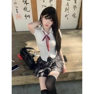 Pure Desire Campus Style JK Uniform Skirt Waist-Cinching Short Sleeve Shirt for Women Slim Fit Versatile Pleated Mini Skirt Plaid Skirt Set